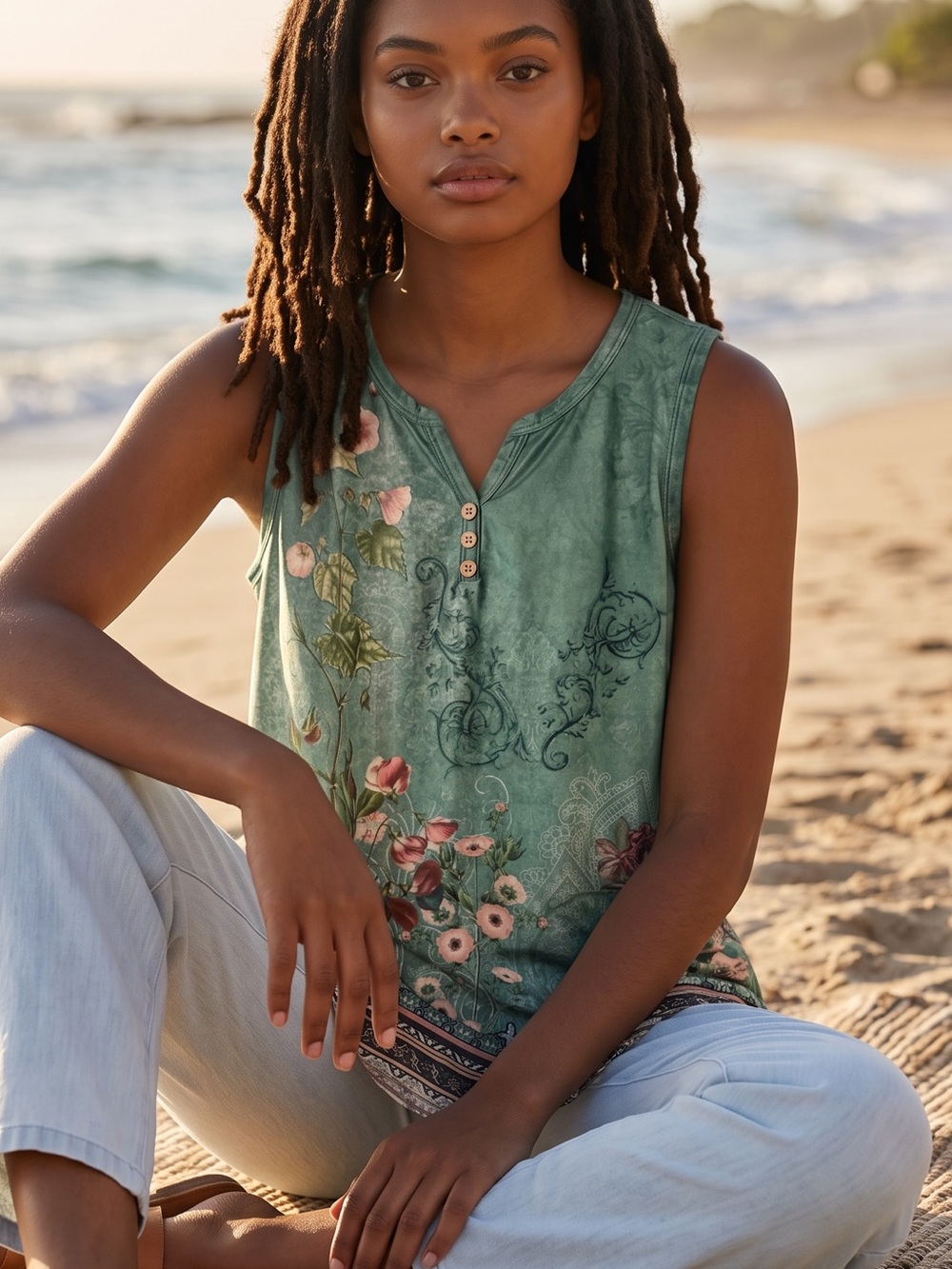 Sleeveless Floral  Tank Top - Green - Picture 7 of 7